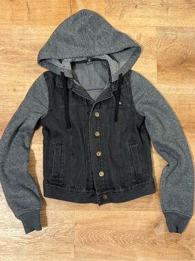 DC Shoes Boys XS Black Denim Hoodie Jacket Y2K Skater Grunge